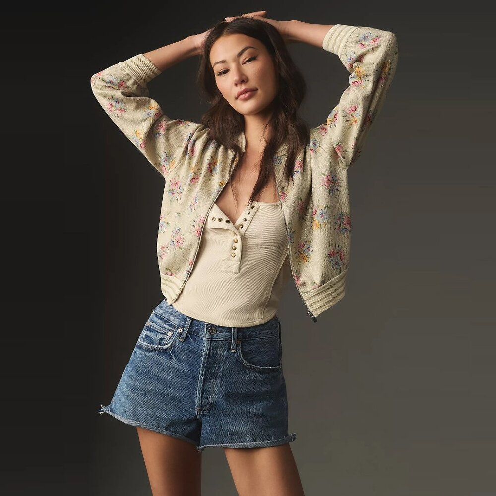 Anthropologie X Maeve Lurex Floral Printed Knit Zip Up Bomber Jacket Size M NWT